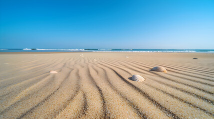 Naklejka premium Golden Sand Serenity: A Vast Stretch of Tranquil Shoreline Bathed in Sunlight Under Clear Blue Skies