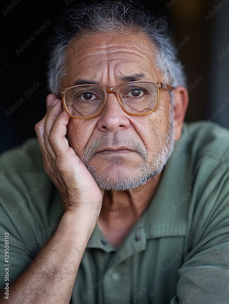 Poster Authentic Portrait of a Thoughtful Older Man Displaying Deep Emotions in His Expression : Generative AI