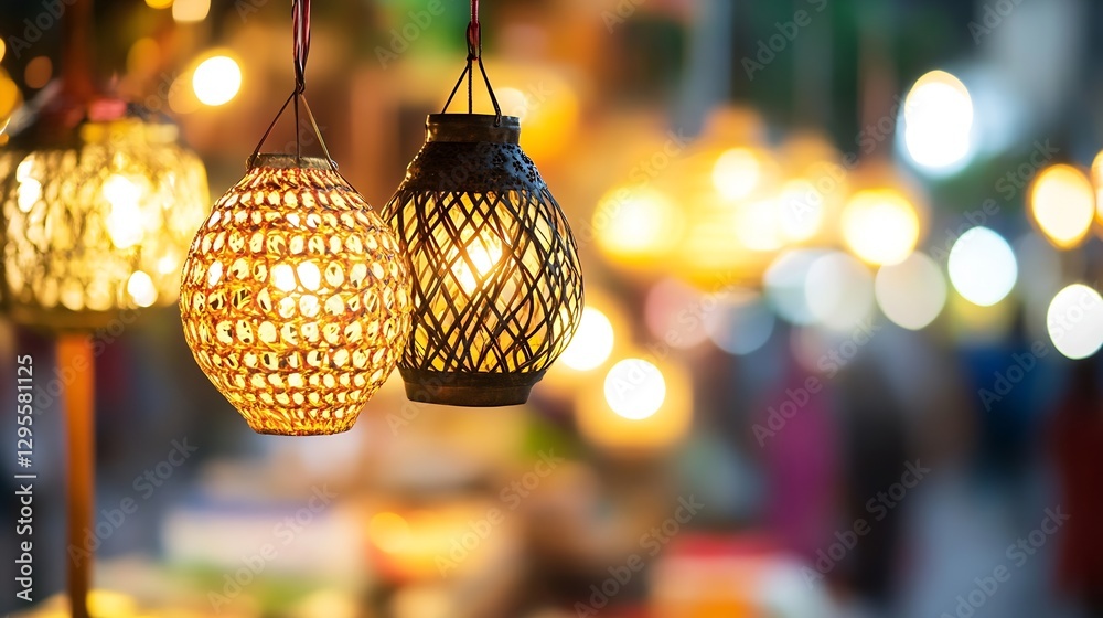 Poster Warm and Inviting Lanterns Creating a Magical Atmosphere in a Market Scene at Night : Generative AI