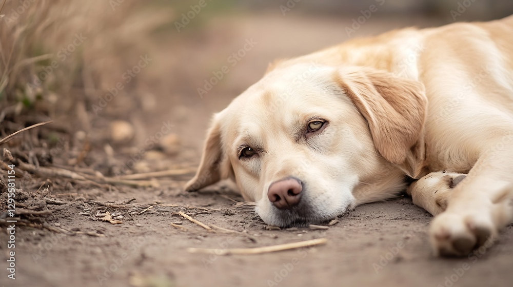Aufkleber calm golden labrador lying on dirt path with a peaceful expression : generative ai