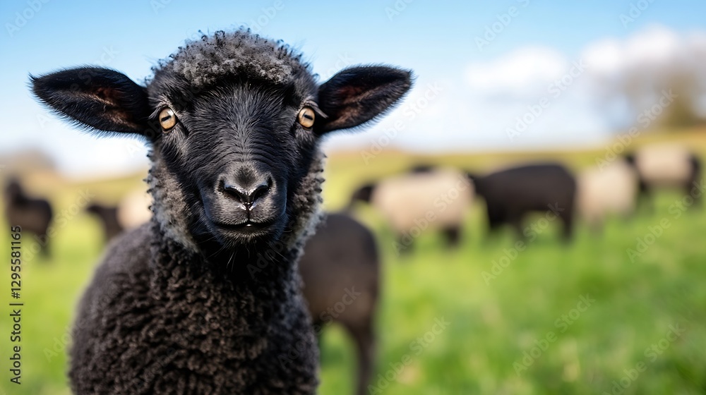 Poster adorable black sheep with fluffy wool standing in the foreground against a blurred green pasture : g