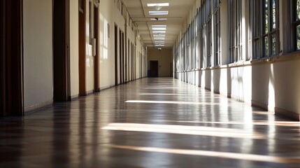 Naklejka premium Long abandoned corridor with sunlight illuminating polished wooden floorboards : Generative AI