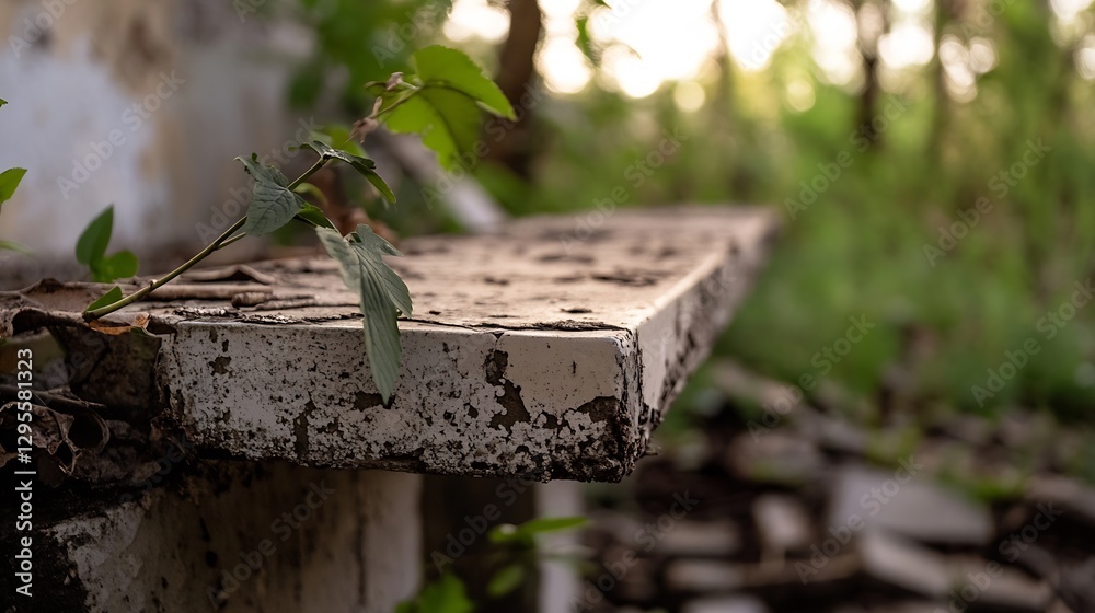 Poster close up of a weathered shelf with a small plant growing among the ruins in soft evening light : gen
