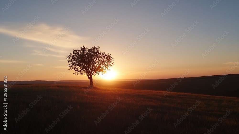 Poster stunning sunset over expansive fields featuring a solitary tree in the beautiful evening light : gen
