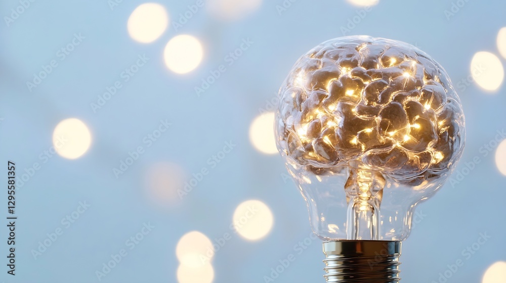 Poster artistic representation of a brain styled lamp illuminating creativity and innovation with glowing l