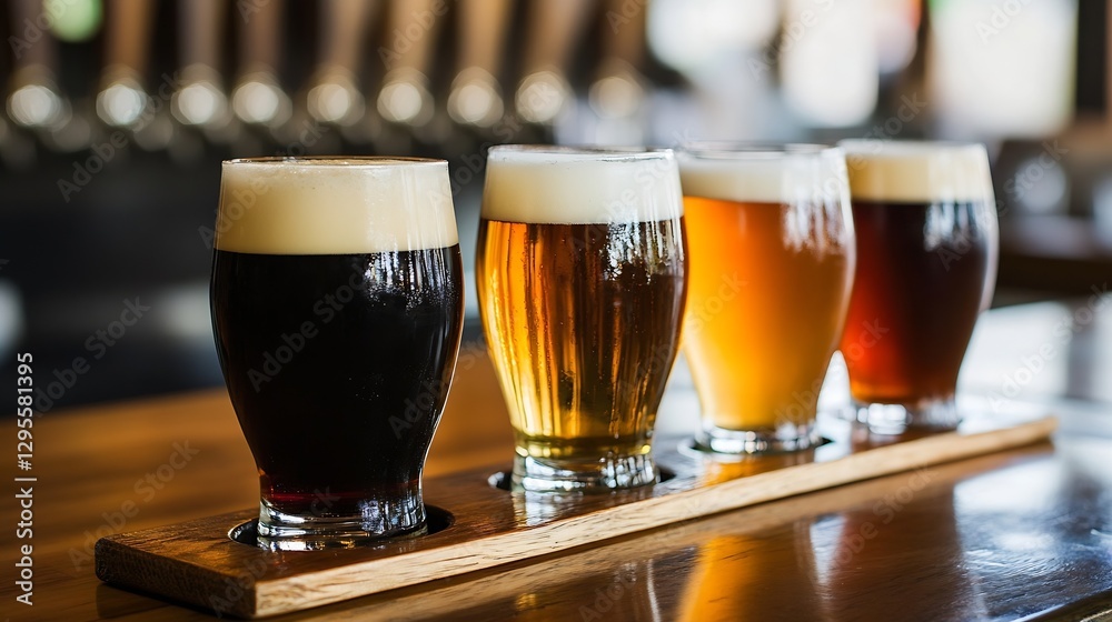 Poster refreshing assortment of craft beers in glasses on wooden tray in modern bar setting : generative ai