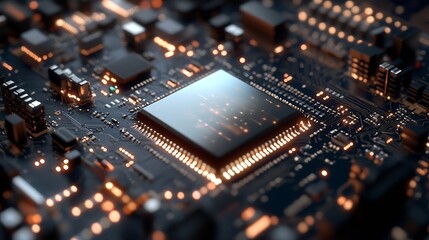 Illuminated Computer Microchip on a Dark Circuit Board Creating a High Tech and Innovative Atmosphere : Generative AI