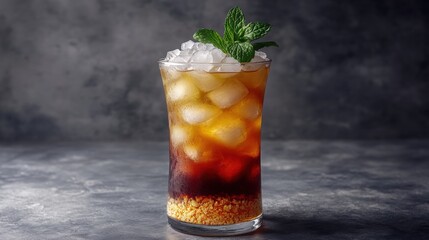 Layered Mai Tai cocktail in a hurricane glass with ice and mint garnish