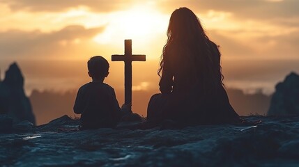 Silhouettes of child and woman praying on mountaintop at sunrise with cross