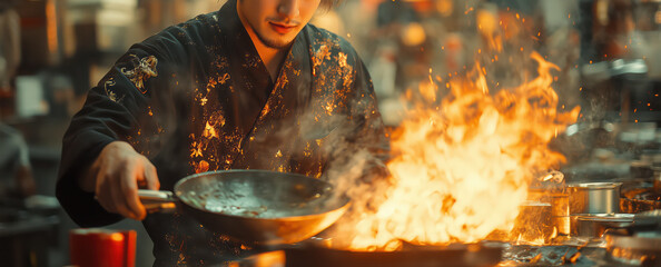Fototapeta premium Photography of male chef cooking with a fire and wok pan in the kitchen.