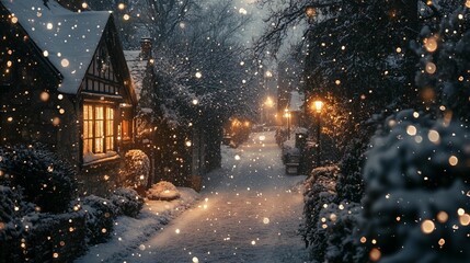 Fototapeta premium Cozy snow-covered street with warm houses and falling snow at night.