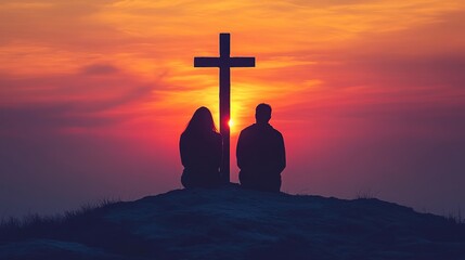 Couple sits atop a hill at sunrise, cross in the background