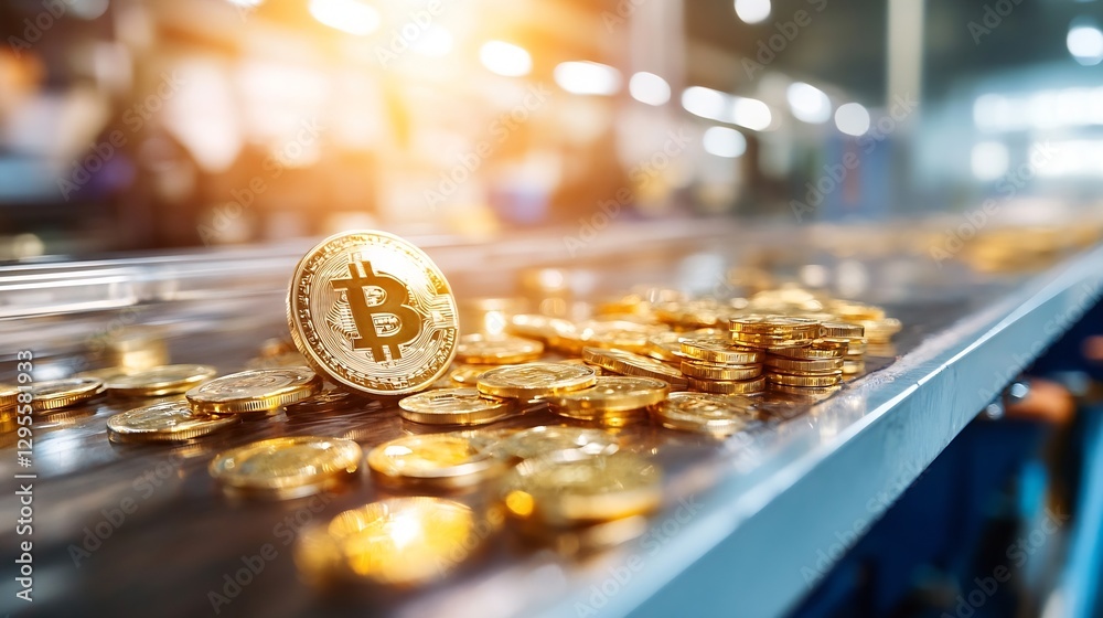 Fototapete physical bitcoin coins on a conveyor belt in a modern setting : generative ai