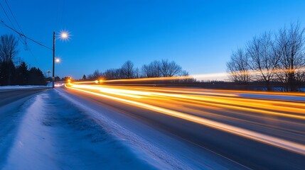 Long exposure photograph of a snowy road illuminated by trailing vehicle lights at dusk capturing motion and cold ambiance : Generative AI