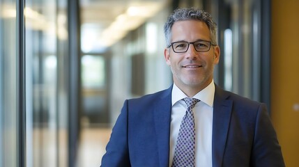 Fototapeta premium Confident Businessman in Suit with Glasses Smiling in Bright Office Environment : Generative AI