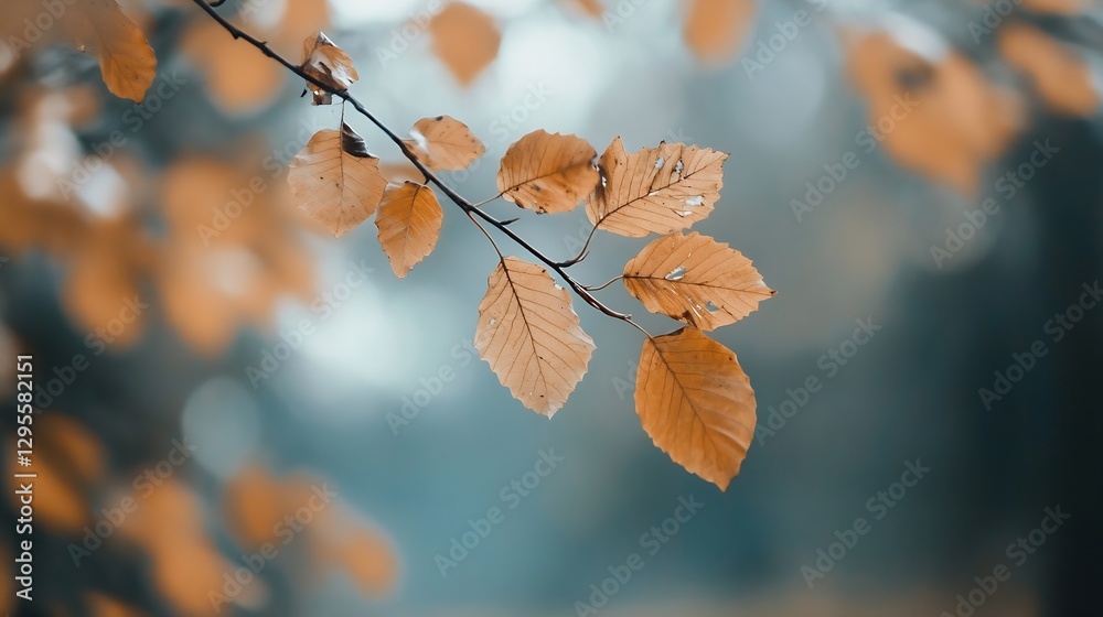 Poster artistic closeup of autumn leaves on a branch glistening in soft natural light during fall : generat