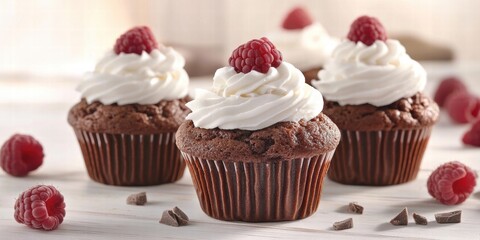Elegant chocolate cupcakes elegantly adorned with creamy frosting and fresh raspberries, perfect for any special occasion.