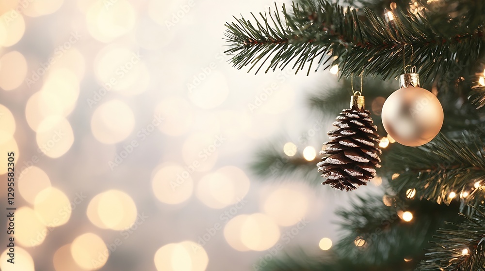 Poster decorative christmas pine tree branch with ornaments and blurred lights in background : generative a