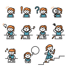 勉強をがんばる女子生徒のシンプルなイラスト＿セット
