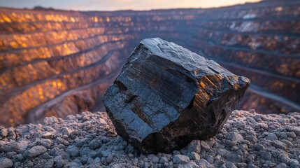 Dense tungsten ore on gravel in a mined landscape during dawn light