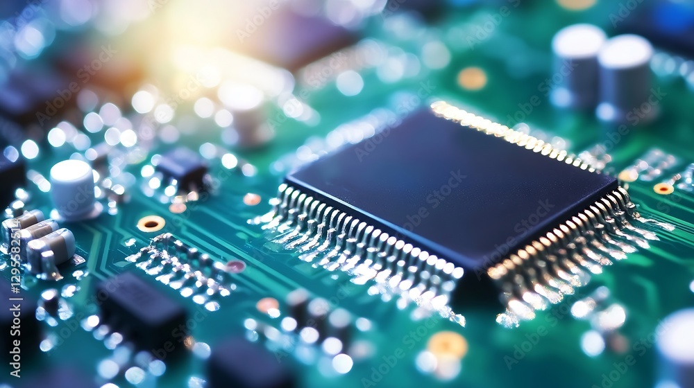 Poster Close Up of a Detailed Microchip on a Circuit Board with Soft Light Glare : Generative AI