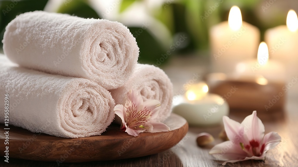 Poster soft rolled towels and candles for spa experience : generative ai