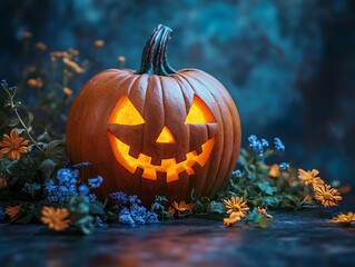 Lit Jack-o'-lantern, flowers, Halloween