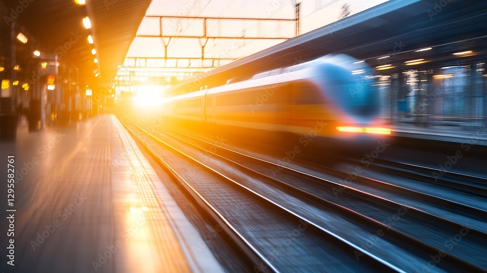 Aufkleber Train in Motion at Station with Blurry Effect Highlighting Speed and Journey : Generative AI