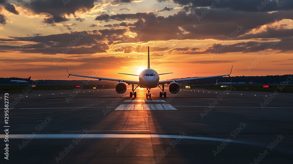 Poster airplane taxiing on runway at sunset with dramatic clouds in background : generative ai