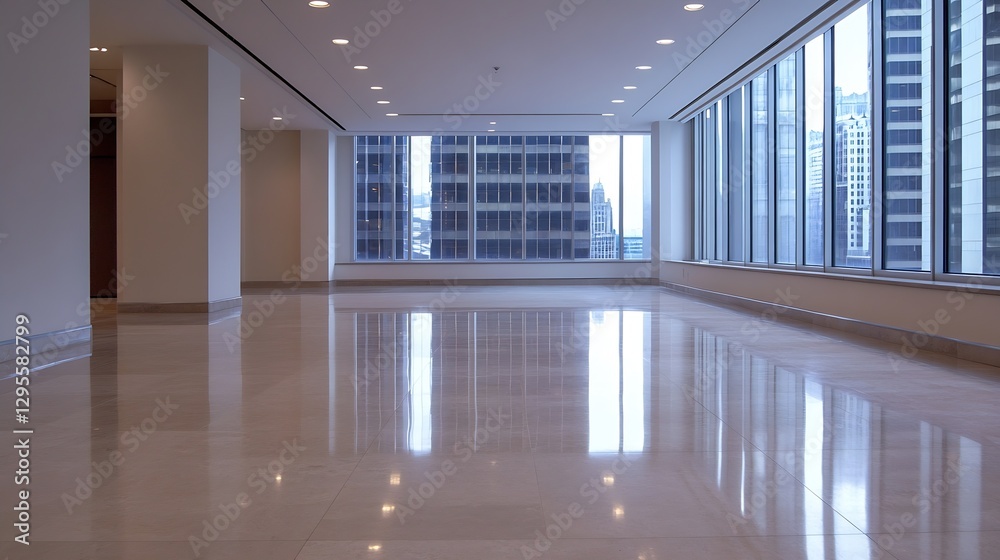 Poster bright and spacious empty office interior with large windows in a modern corporate building : genera