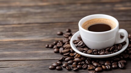 Obraz premium Freshly Brewed Coffee in a White Cup Surrounded by Aromatic Coffee Beans on Rustic Wooden Table : Generative AI
