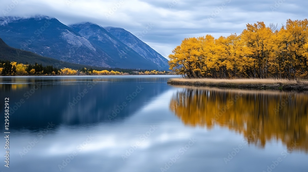 Poster stunning view of a tranquil lake surrounded by golden autumn trees under cloudy skies : generative a