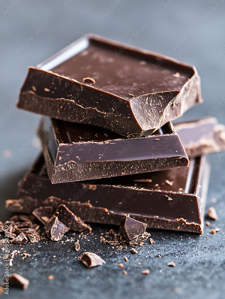 Aufkleber stack of rich dark chocolate bars elegantly arranged on a dark surface with pieces scattered around 