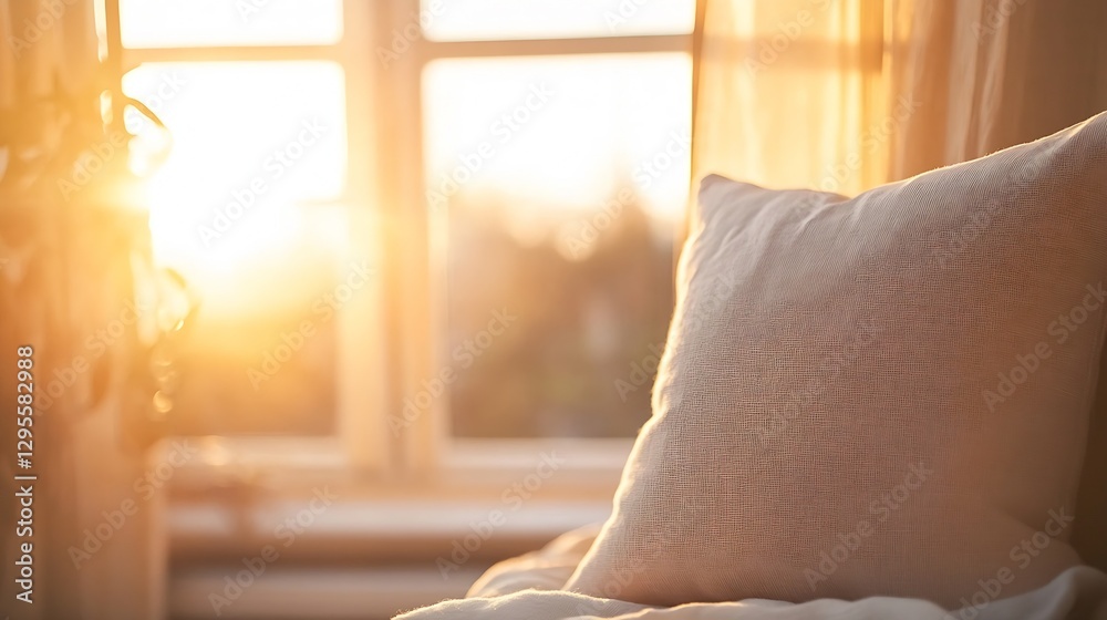 Poster Bright morning light shining through a window onto a comfortable pillow in a tranquil setting : Generative AI