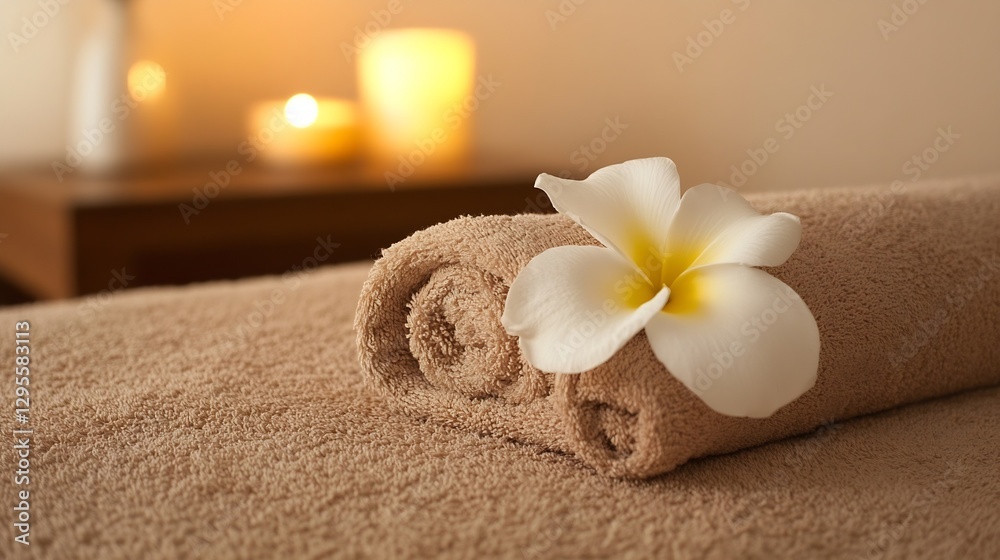 Poster Relaxing Spa Scene with Rolled Towels and Flower for Calm Atmosphere : Generative AI