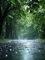 Serene rain shower in lush green forest with water droplets on the ground creating a tranquil atmosphere