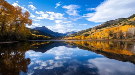 Naklejka premium Stunning mountain lake reflecting vibrant fall colors under a blue sky : Generative AI