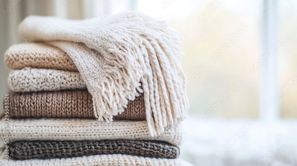 Poster cozy elegant stacked knitted blankets in neutral tones on soft background for home decor : generativ