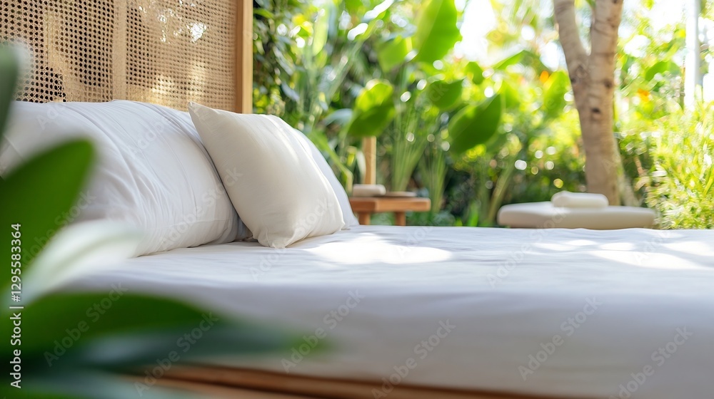 Poster Serene bedroom with soft linens and lush greenery in the background creating a peaceful retreat atmosphere : Generative AI