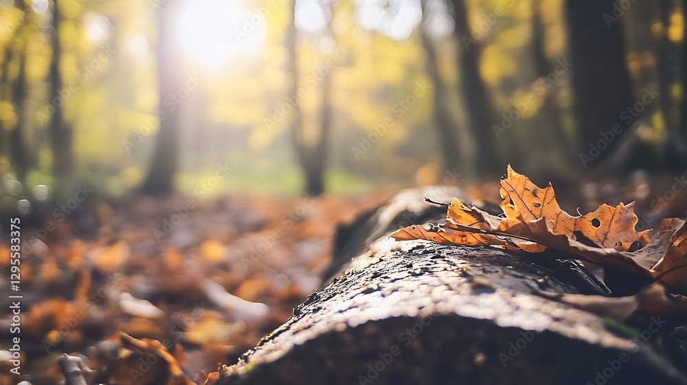 Fototapete Autumn Leaves on a Log in a Sunlit Forest Setting with Beautiful Bokeh Background : Generative AI
