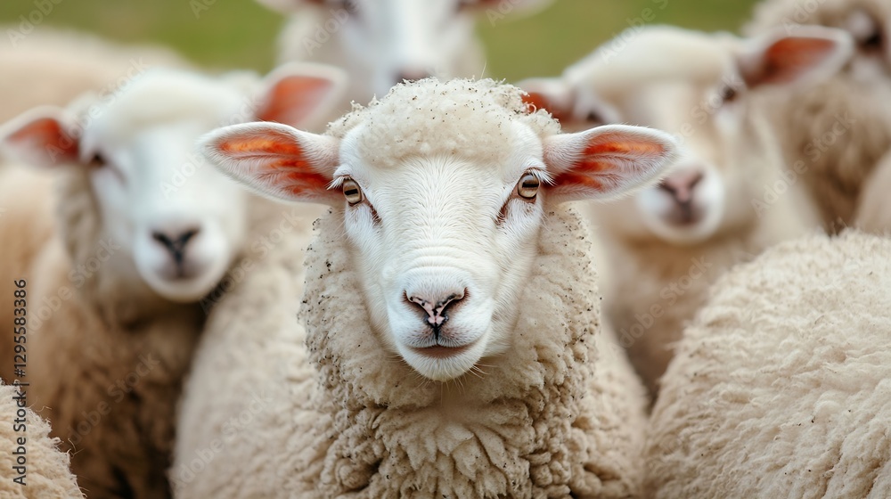 Poster close up of curious sheep faces in a pastoral setting : generative ai