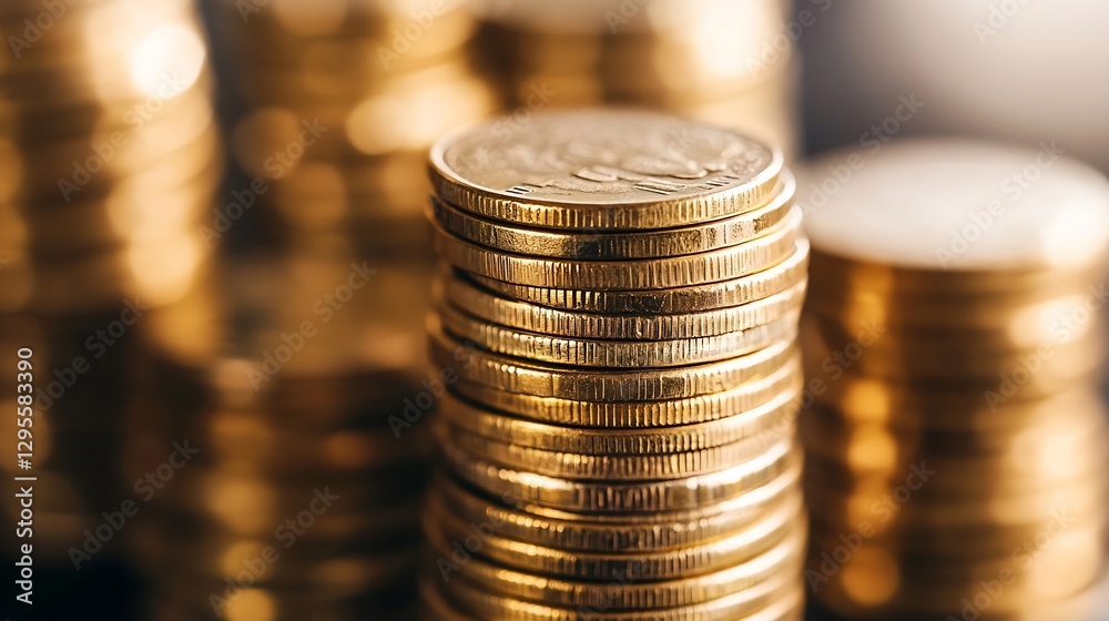 Poster Closeup of stacked coins symbolizing wealth and financial success in a vibrant setting : Generative AI