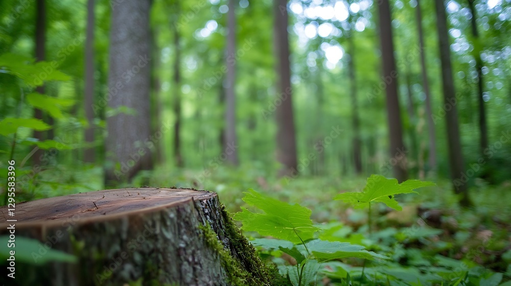 Poster tranquil forest scene with a stump surrounded by lush greenery : generative ai