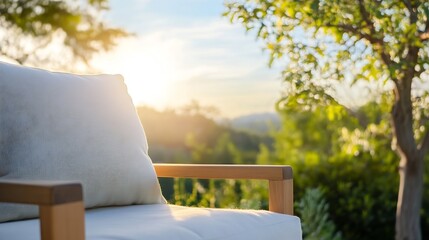 Sunny Outdoor Scene with Comfortable Chair and Lush Green Surroundings : Generative AI