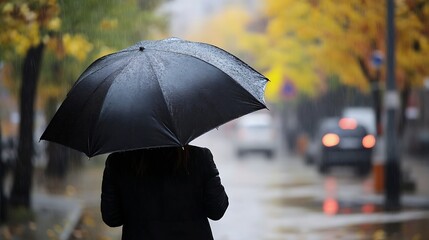 Person with Black Umbrella Walking in Rainy City Street : Generative AI