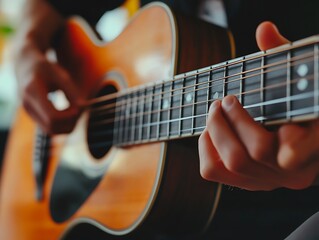 Obraz premium Close-up guitarist playing acoustic guitar