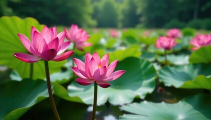 Pink lotuses in the foreground with blooming water lilies behind, flowers, natural