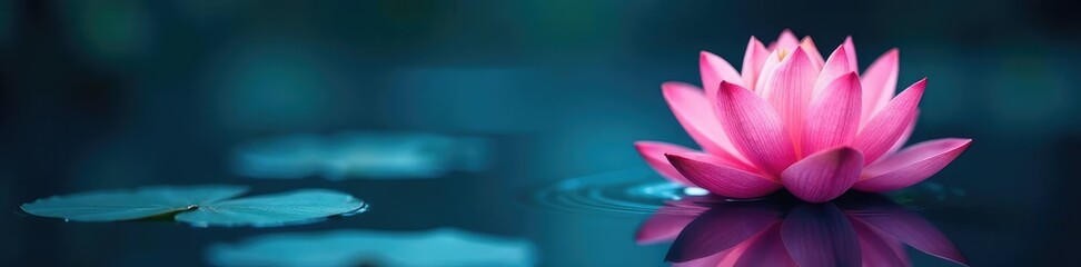 Fototapeta premium Pink lotus flower with subtle ripples on dark blue water surface, floral, water