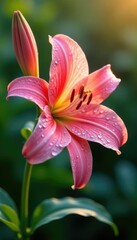 Fototapeta premium Pink lily flowers with dew drops glistening in the morning light, water, shine