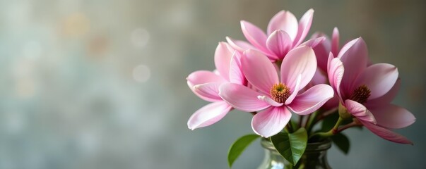 Pink magnolia flowers in a vase with greenery, decor, floral